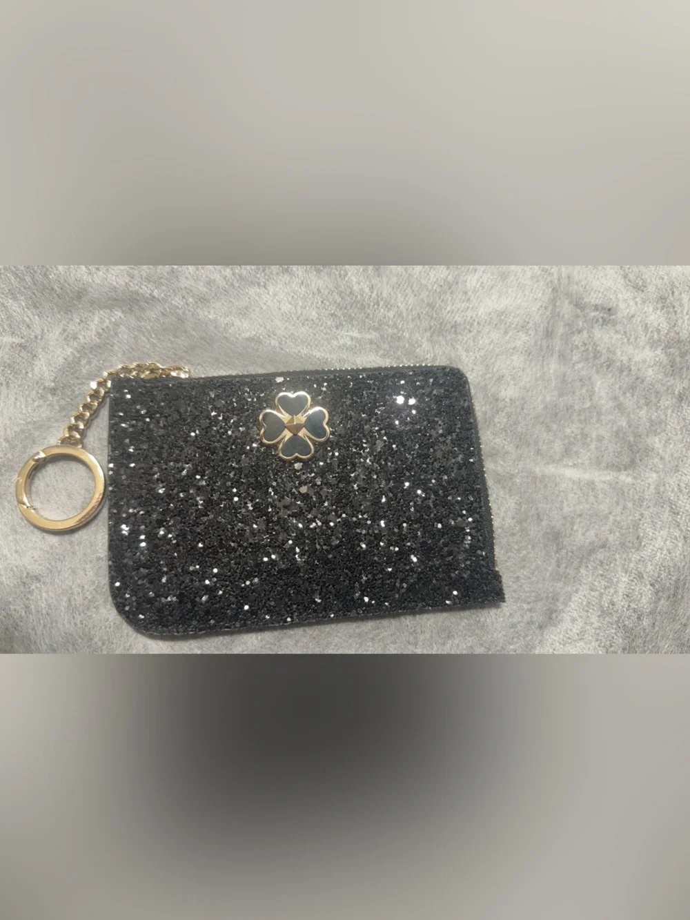 kate spade Black Glitter Card Pouch with Gold Clover Keyring